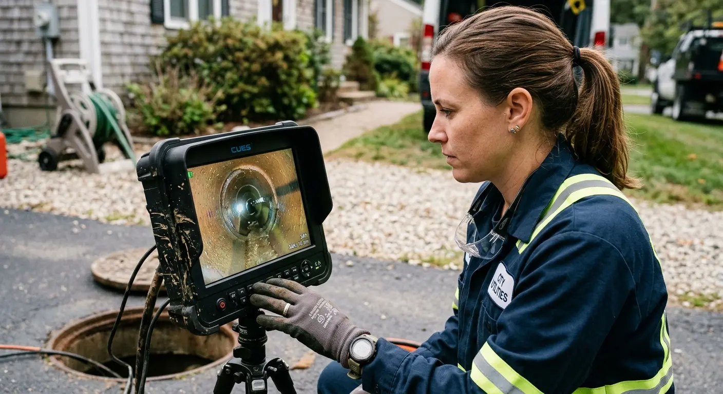 Technician reviewing sewer camera inspection footage in Easley