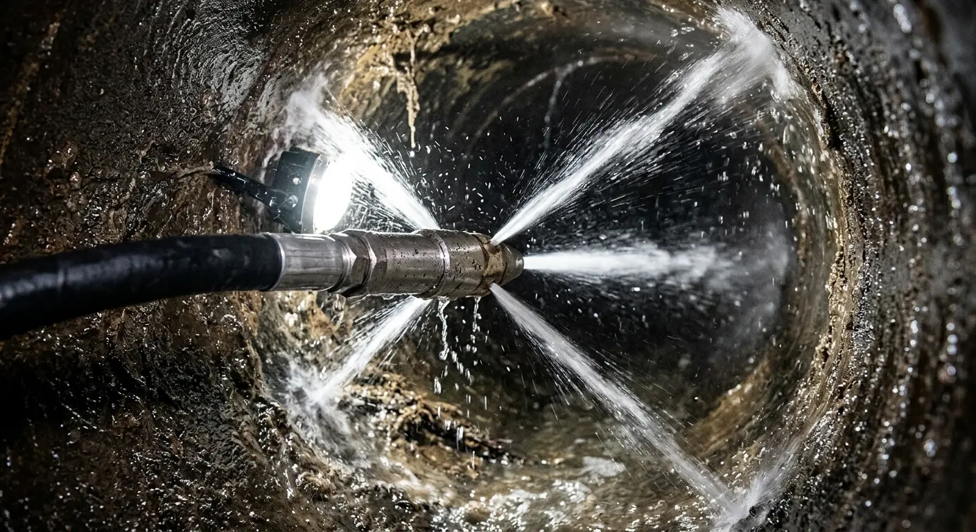 High-pressure hydro jetting nozzle cleaning sewer pipe for Emergency Drain Service in Easley