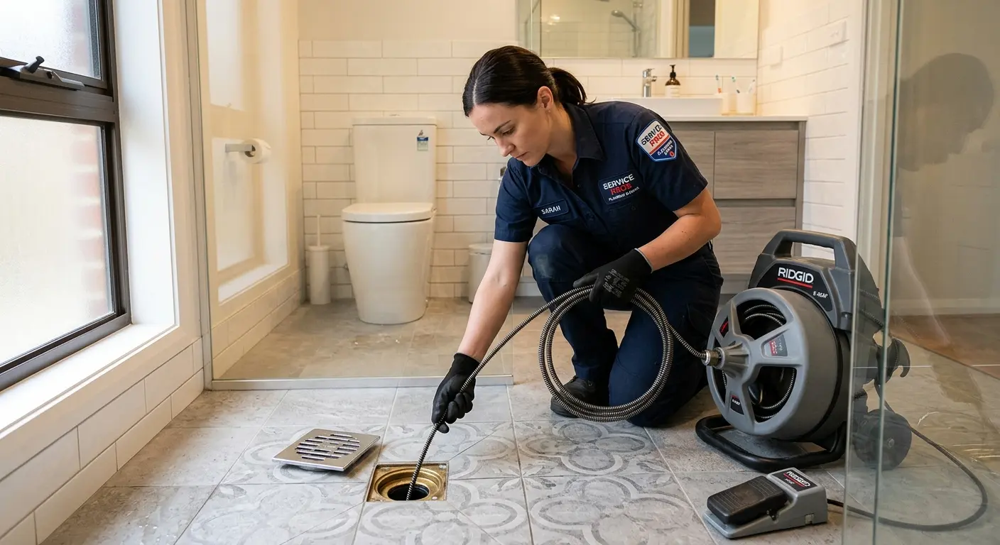 Technician clearing a bathroom floor drain for Sewer Line Installation in Easley